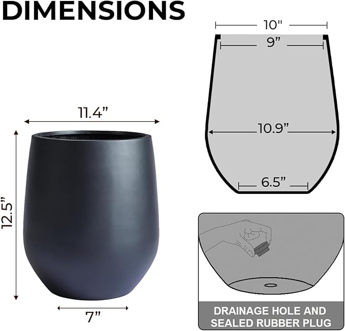 12.5"H x 11.4"D Corso Fiberstone Round Tapered Planter, Christmas Tree Planter, Smooth Finishes, Weather Resistant for Indoor & Outdoor Use, Included 2 Extra Coco Mats (Black,9" Pot Opening)