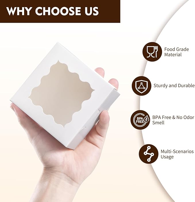 24 Pcs Cookie Boxes with Window, 4x4x2.5 Inches White Bakery Boxes with Stickers & Parchment Paper for Cookies Treats Desserts Donuts Pastry Macaroon, Gift Giving Party Wedding Favor