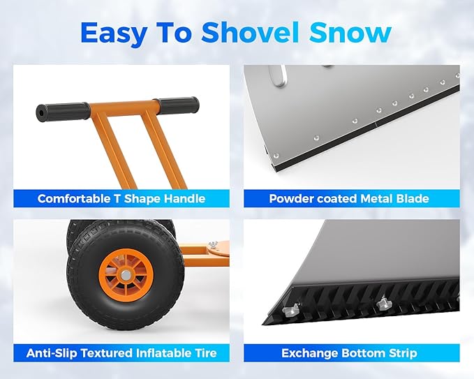 Garvee 29" Snow Pusher Shovel with Wheels,Heavy Duty Steel Snow Shovel with Wheels,Angled Blade Efficient Snow Removal With5-Position Angled Blade & Adjustable Handle for Doorway, Sidewalk, Silver