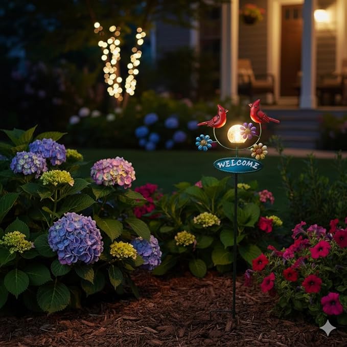 Solar Garden Stakes Metal Welcome Signs for Outside 29.5', 2 Flying Cardinals with Cracked Glass Ball,Decorative Garden Stakes for Lawn, Patio, Cardinal Gifts for Women