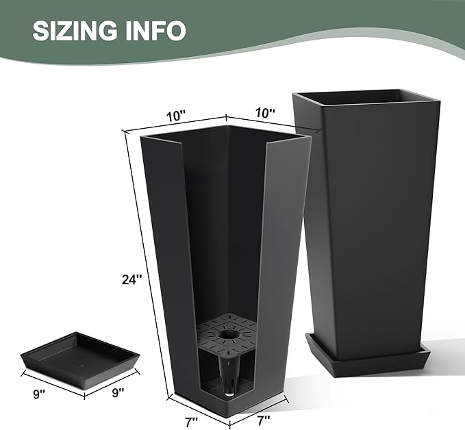 24" Set of 2 Tall Planters, Large Outdoor Flower Pots with Drainage Tray Modern Indoor Tapered Planter for Patio, Garden, Front Porch, Backyard (Black)