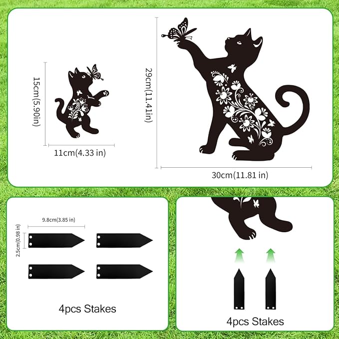 Cat Garden Stake Outdoor Set of 2 Metal Black Cat Yard Decor Lawn Ornament, Cute Cat Lover Gift for Women Men, Weather-Resistant Black Cat Silhouette Statues Yard Art for Patio