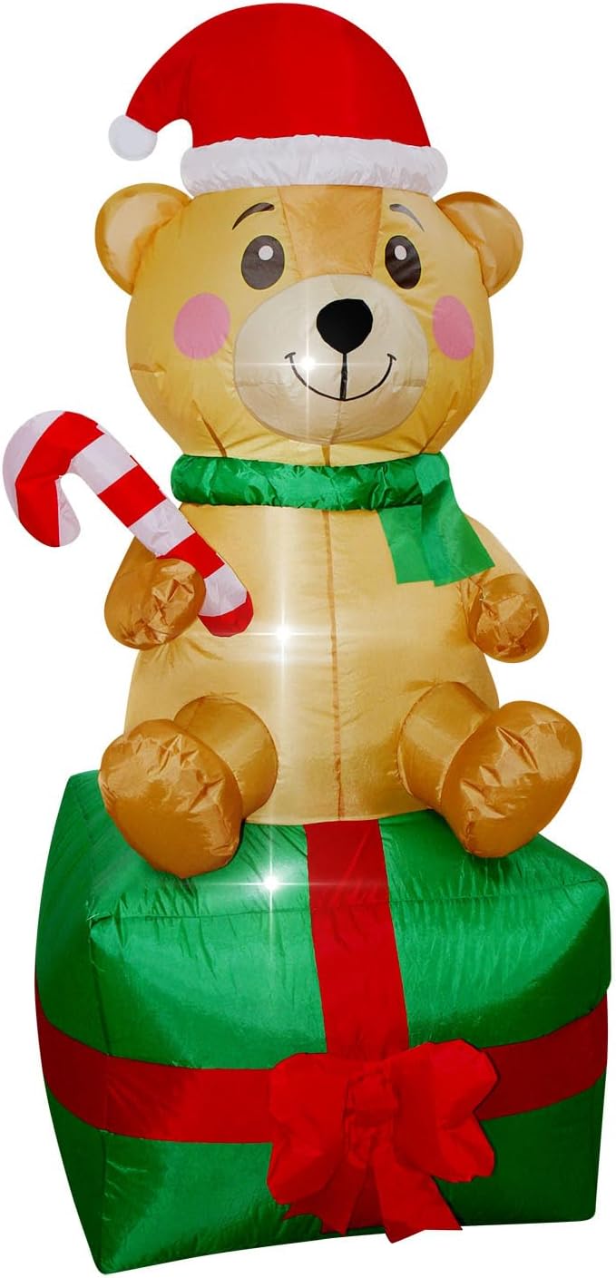 Christmas Inflatables Bear on Gift Box Lighted Yard Lawn Inflatable Decoration with Built-in Fan and Stakes Ropes Holiday Party Decor, Christmas Decor (5FT- Bear on Giftbox)