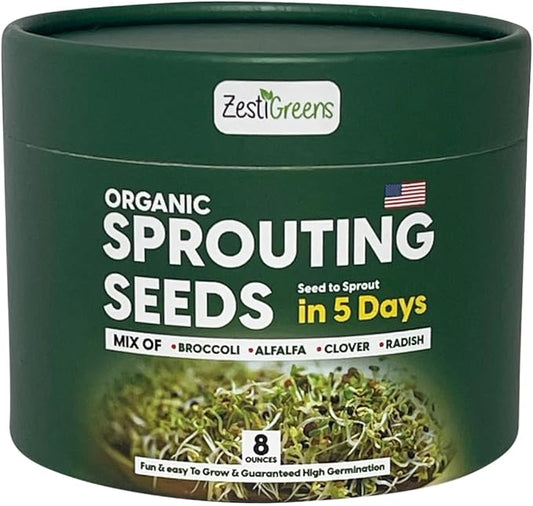 ZestiGreens Fresh Sprouting Seeds Mix Broccoli, Alfalfa, Radish, Clover Seeds in Food Grade Colorful Container with Lid for Easier Scooping & Keeping Fresher (0.5 lb)