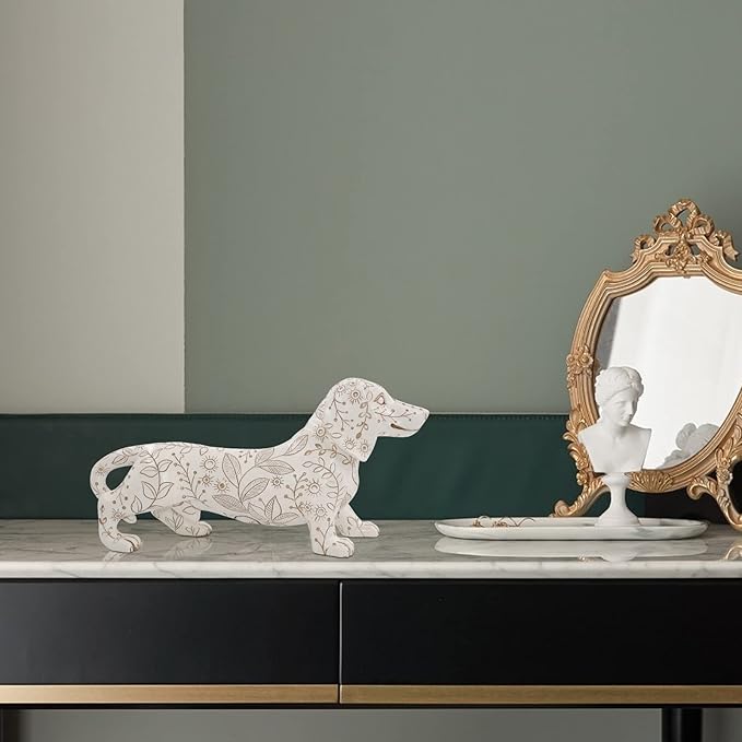 SIMON'S SHOP 11'' Dachshund Sculpture, White Wiener Dog Statue, Standing Puppy Figurines for Dog Lovers, Home Office Table Mantel Bookshelf Décor