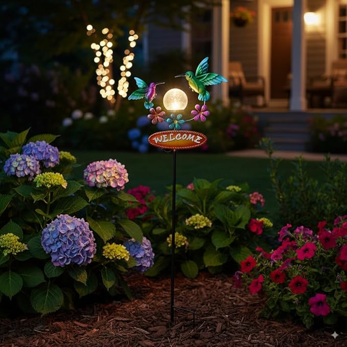 Solar Garden Stakes Metal Welcome Signs for Outside 29.7', 2 Flying Hummingbirds with Cracked Glass Ball,Decorative Garden Stakes for Lawn, Patio, Hummingbird Gifts for Women