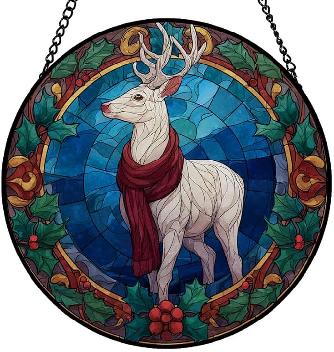 Stained Glass Window Hanging – 7.8 in White Reindeer Panel with Chain， Bathroom Front Door Living Room Garden Christmas Decor， Gift for Mom Wife Lovers