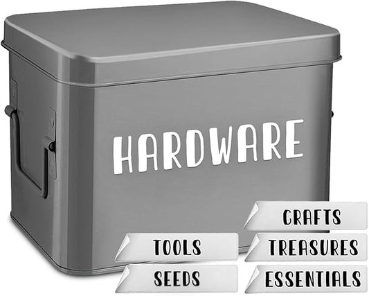 Flexzion Tin Storage Box with Removable Tray, 8 Inch Seed Organizer Box and Metal Seed Holder Organizer with Hinged Lid, Toolbox Container for Crafts, Hardware, Tools, Essentials, Gray