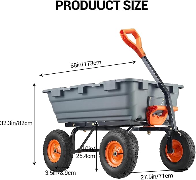 Garvee 800 LBS Poly Garden Dump Cart, Heavy-Duty Wheelbarrow with 10 in Tires, 180° Rotating Handle, Steel Frame and Quick Release System Garden Dump Cart for Soil Plants Gardening Tools Wood
