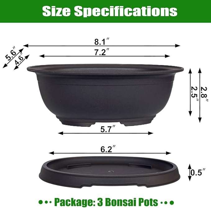 MUZHI 3 Pack Oval Bonsai Training Pot with Drainage Tray, Matte Finish Succulent Growing Pot for Home Garden Plant Outdoor Indoor Container (7.2" Medium)