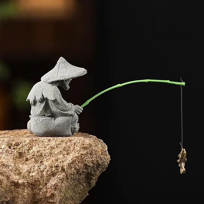 livelyfish Mini Fisherman Statue Asian Zen Decoration Sitting Fishing Figurines Sandstone Vintage Ornament for Aquarium Fish Tank Pot Garden Home Japanese Decor (C2)