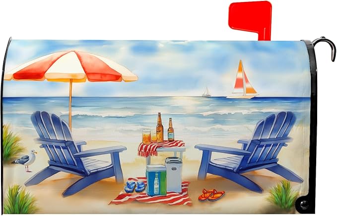 Summer Mailbox Covers Magnetic Beach Mailbox Cover Ocean View Mail Box Covers Sun Umbrella Post Letter Box Wraps Standard Size 21x18 inch Blue Chair Decorations for Outside Garden Yard