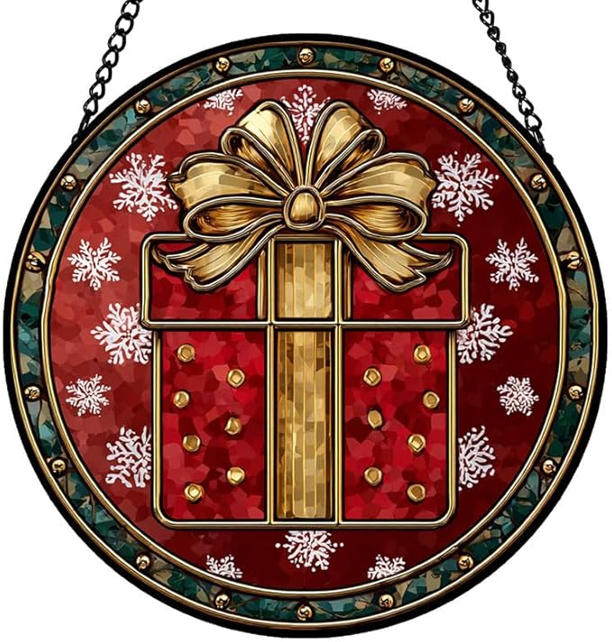 Stained Glass Window Hanging – 11.8 in Box Panel with Chain， Bathroom Front Door Living Room Garden Decor， Holiday Present Gift for Mom Wife Lovers