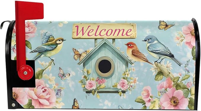 ALAZA Welcome Spring Birds Flowers Floral Magnetic Mailbox Cover Birdhouse MailWraps Garden Yard Home Decor for Outside Oversized-25.5" x20.8"