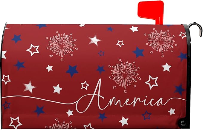 4th of July Mailbox Cover Magnetic 25.5"x21" Patriotic America Stars Fireworks Decorative Mailbox Wrap Independence Day Letter Post Cover Large Size for Garden Yard Outdoor