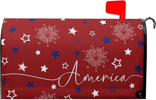 4th of July Mailbox Cover Magnetic 25.5"x21" Patriotic America Stars Fireworks Decorative Mailbox Wrap Independence Day Letter Post Cover Large Size for Garden Yard Outdoor