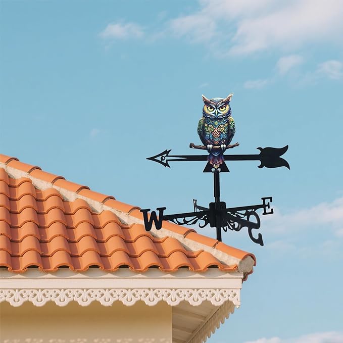 Metal Owl Wind Vane for Garden, 16 Inch Whimsical Metal Weathervane with Directional Arrows, Colorful Outdoor Roof Decor for Farmhouse Patio Yard,Outdoor Patio Roof Decoration