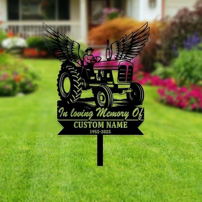 Custom Farmer Tractor Memorial Stake – Personalized Metal Farm Memorial, Tractor Grave Marker, Sympathy Sign, Garden Stake Decor (Farmer Memorial)