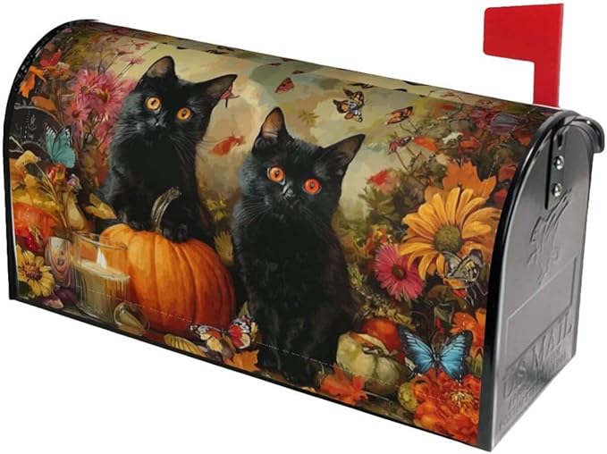 Autumn Pumpkin Cat Mailbox Covers Magnetic Letterbox Covers 21x18 Inch for Garden Outdoor Decoration