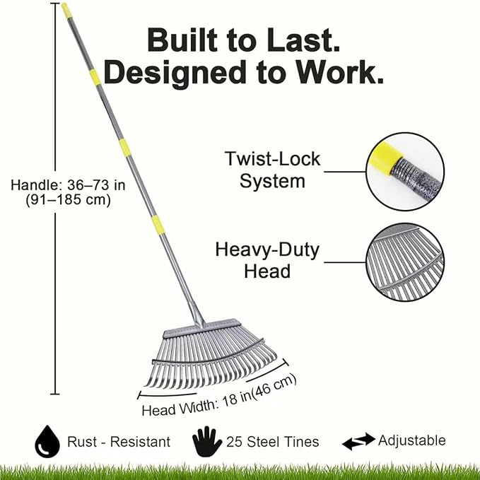 Leaf Cleanup Kit - Adjustable Metal Rake (36-73 in), 32-Gallon Self-Standing Yard/Garden Waste Bag with Support Hoop, Oversized Leaf Scoops (Leaf Claws) & 2 Pairs of Latex-Coated Gardening Gloves