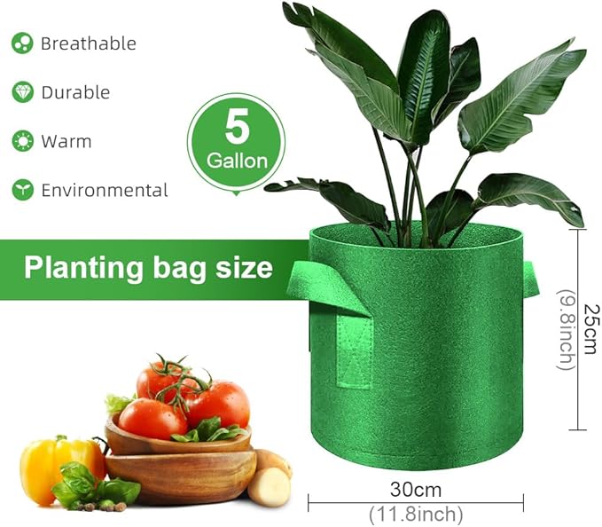 5-Pack 5 Gallon Grow Bags Heavy Duty Thickened Nonwoven Fabric Pots with Handles, Plant Grow Bags for Vegetables/Flower/Plant/Fruits, Green