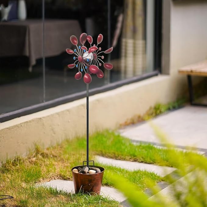 NUENUN Wind Spinner Outdoor Metal - Multi-Color Seasonal LED Lighting Solar Powered Glass Ball with Kinetic Wind Spinner Dual Direction for Patio Lawn & Garden