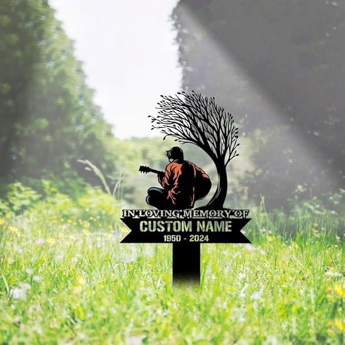 Custom Guitarist Memorial Metal Stake – Personalized Artist Grave Marker, Musician Garden Stake, Yard Outdoor Decor (Man Playing Guitar Memorial)