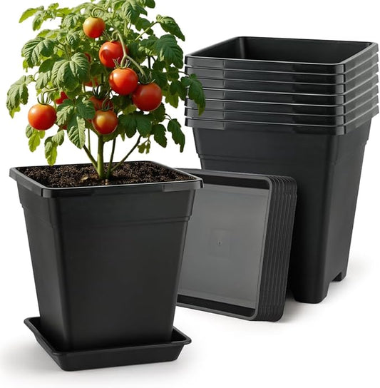 BTPLASTIK 9 Inch Square Planters for Indoor Plants, 8 Pack Large Plastic Plant Pot with Drainage & Saucer, 3 Gallon Modern Decorative Thick Outdoor Garden Container for Potted Plants