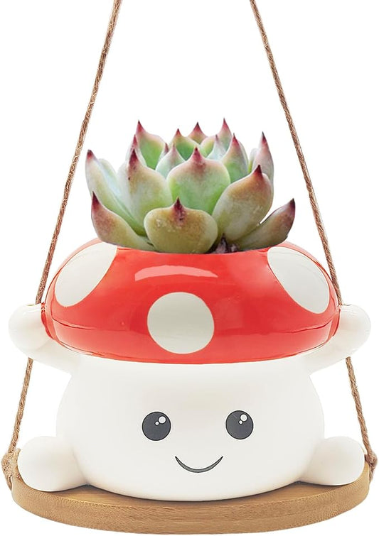 Mushroom Swing Plant Pot,Ceramic Hanging Plant Holder for Indoor Outdoor Plants,Cute Plant Hanger Flower Pot Mushroom Garden Decor Mushroom Gift