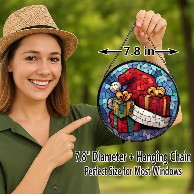 Stained Glass Window Hanging – 7.8 in Santa Hat Gifts Panel with Chain， Bathroom Front Door Living Room Garden Decor， Gift for Mom Wife Lovers