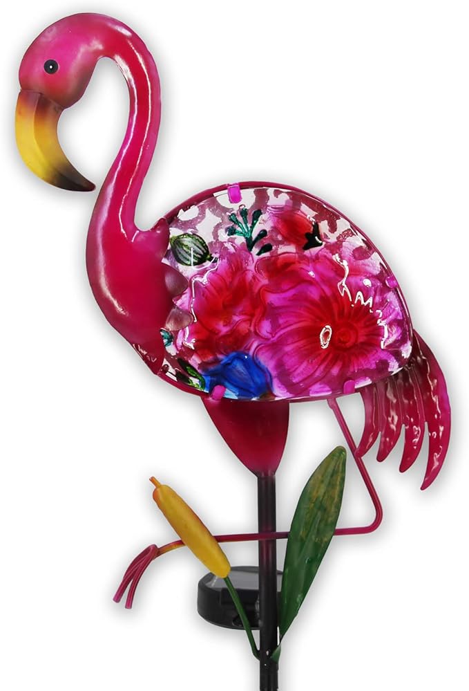 Solar Flamingo Garden Decor - Solar Pathway Lights & Stakes, Glass & Metal, Waterproof for Patio, Lawn, Courtyard