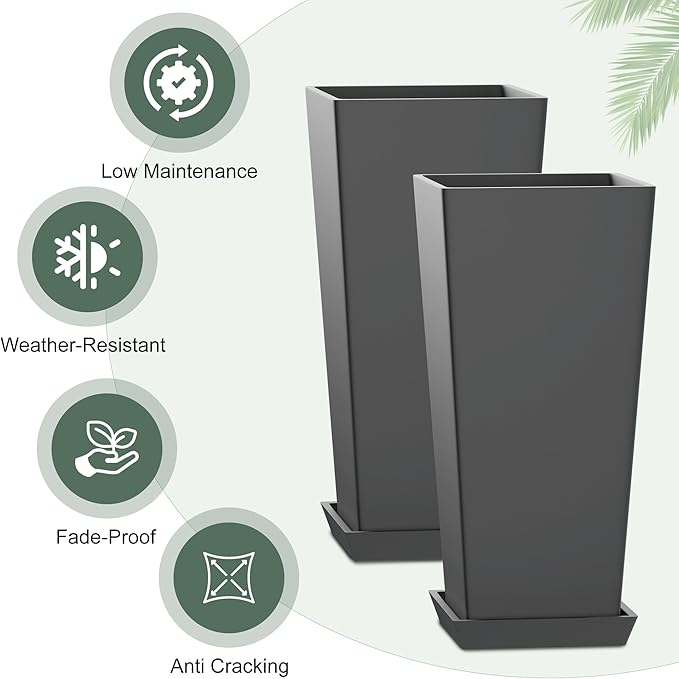 Set of 2 Tall Planters with Drainage Tray, 24 Inch Large Flower Pots for Indoor Outdoor Plants Mordern Planter Weather-Resistant for Patio, Front Door Decor, Garden (Gray)