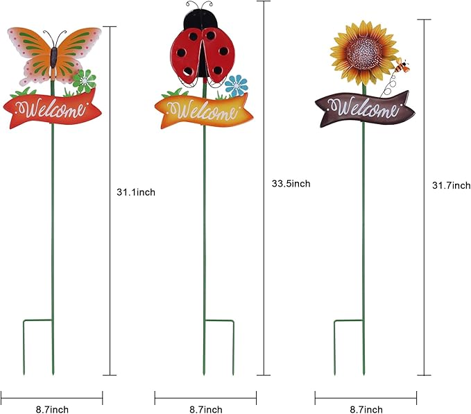 YEAHOME Garden Decor for Outside, Set of 3 Metal 33” Decorative Garden Stakes with Butterfly Ladybug Sunflower for Spring Decorations, Welcome Yard Sign Art Stakes for Outdoor Lawn Backyard Porch