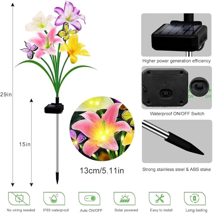 6 Pack Solar Garden Lights LED Solar Lilies Flower Lights, Yard Patio Pathway Decoration High Flexibility Copper Wire Handmade Silk Artificial Flowers Never Wither, Gift for Family Friends