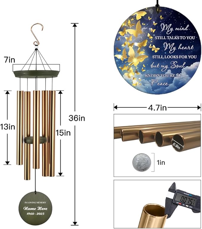 Personalized Wind Chimes, 36inch Memorial Wind Chimes, Gold Butterfly Custom Name Sympathy Gifts, in Loving Memory of Dad/Mom, Wind Chime for Loss of Loved Ones Outdoor (Produced in USA)
