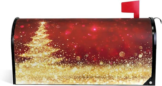 ALAZA Golden Glitter Christmas Tree Red Magnetic Mailbox Cover Oversized for Garden Yard Outdoor Decorations-25.5" x20.8