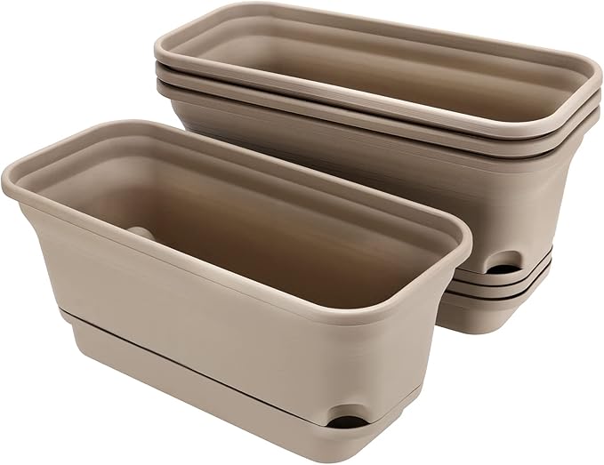Set of 4 Flower Window Box Plastic Vegetable Planters with Drainage Hole Saucer, 15" Rectangle Self Watering Flowerpot, Garden Plant Decorative Pots for Windowsill, Indoor Succulents, Brown