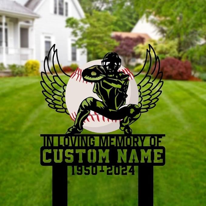 Custom Baseball Player Memorial Metal Stake – Personalized Sports Player Grave Marker, Yard Sign, Garden Stake, Outdoor Memorial Decor (Baseball Player Memorial)