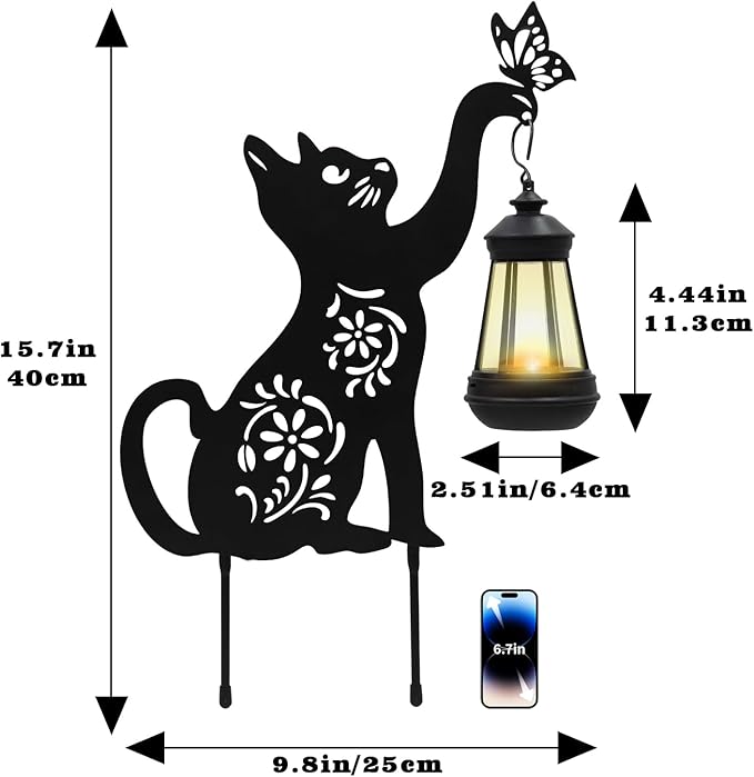 Yard Decorations, Black Metal Cat Stake with Solar Light for Outdoor, Cat Garden Decor, Garden Decoration, Cat Silhouette, Outdoor Solar Decorative for Garden, Lawn, Yard