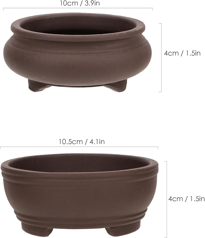 Bonsai Planter 2 pc 3.9" + 4.1" Unglazed Round Ceramic Succulent Pots Set