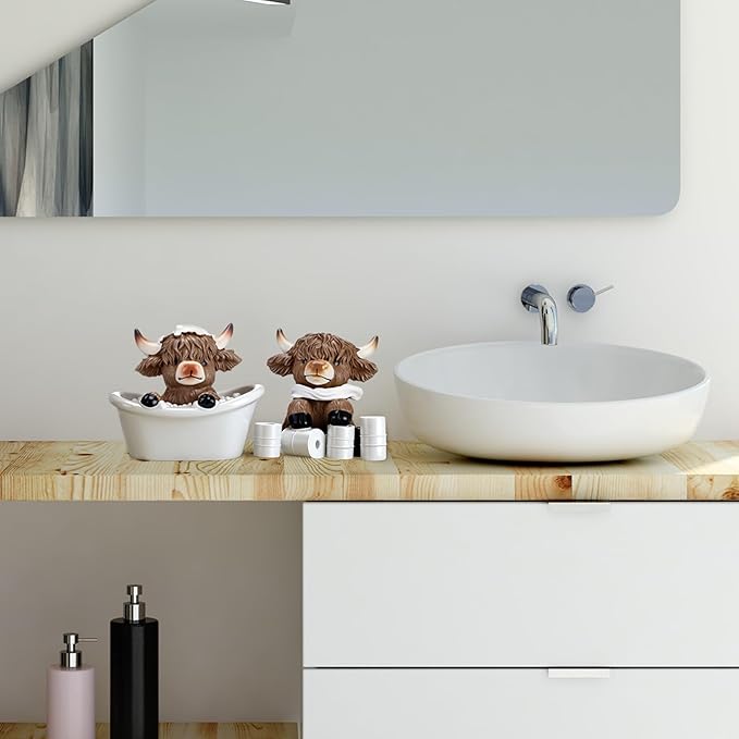 Karenhi 3 Pcs Highland Cow Figurines Bathroom Highland Cow Gnomes Bath Scottish Resin Statue Calf Lovers Gifts for Home Garden Kitchen Office Tiered Tray Table Decor