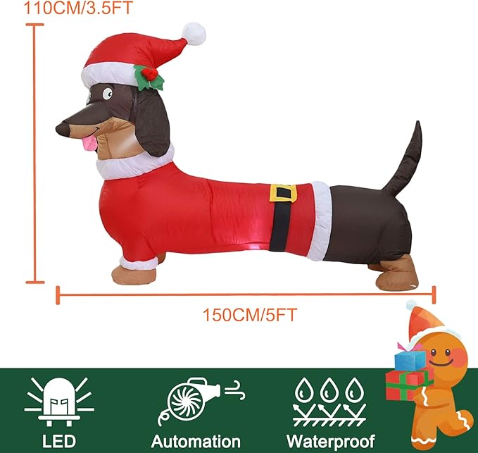 5FT L Christmas Inflatable Dachshund Dog with Build-in LED Lights, Blow up Dachshund Dog Inflatable Outdoor Decorations Party Yard Decoration