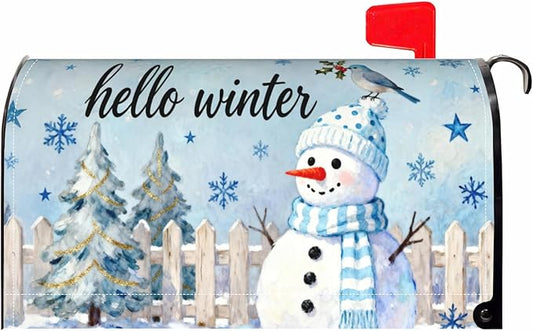 Hello Winter Snowman Large Mailbox Covers Magnetic Oversized Xmas Tree Snowflake Bird Blue Christmas Holiday Outdoor Decorative Seasonal Letter Box Cases for Home Garden Outside Decor, 25.5x21 Inch