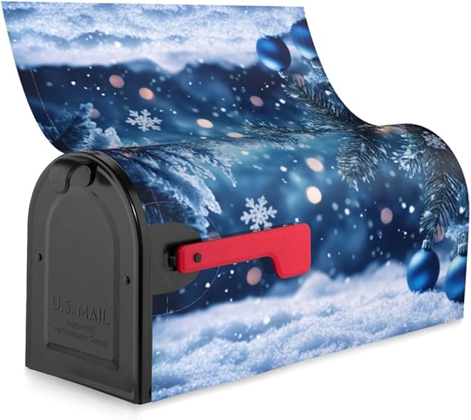 Festive Magnetic Mailbox Cover Winter Christmas Blue Ball Pattern Outdoor Mailbox Protector Holiday Seasonal Decorative Garden Yard Home Standard Size 21 x 18 Inch