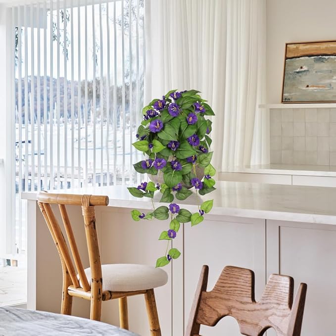 Briful Artificial Hanging Flowers 2 Pack 25.6" Fake Morning Glory Silk Floral Bush Faux Hanging Plants Outdoor Fake Flowers for Home Porch Garden Balcony Decoration(Purple)