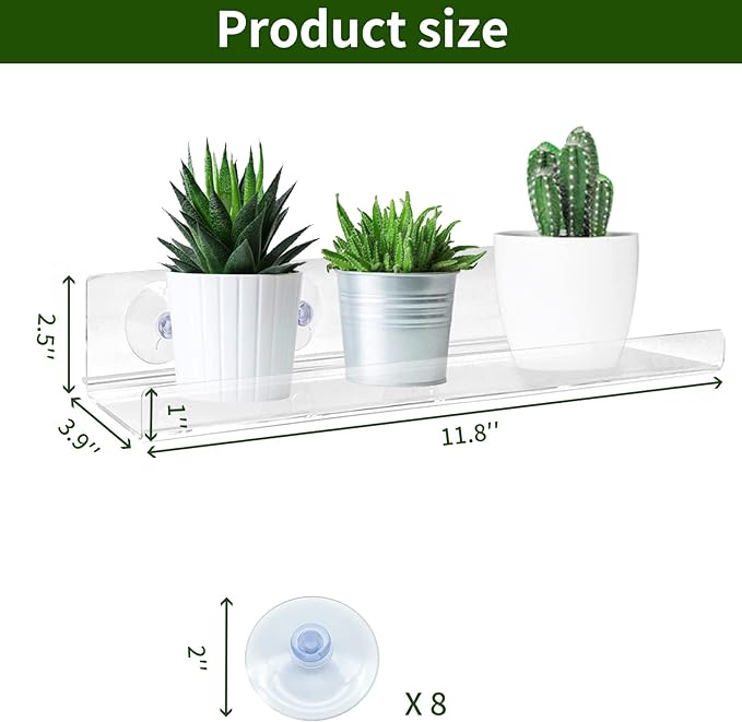 2 Pack Suction Cup Window Shelf for Plants 12 Inches, Clear Acrylic Indoor Plant Shelf Window Ledge Garden Sill Extender for Micro Greens, Seed Starter Pots, Herb Planters