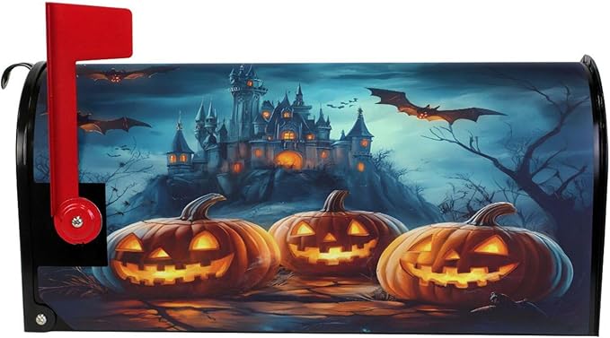 ALAZA Halloween Pumpkins Castle Flying Bat Magnetic Mailbox Cover MailWraps Garden Yard Home Decor for Outside Standard Size-18"x 20.8"