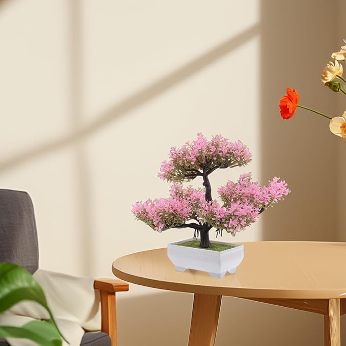 Pink Faux Bonsai Tree Simulated Small Plastic Desk Plant for Home Decor Mini Artificial Bonsai Plant for Living Room and Office Decoration