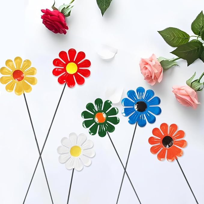 6 Pcs Metal Flower Garden Stake for Outside,Sunflower Outdoor Decor,Multicolored Decorative Flowers Stakes,Easy Assembly for Spring Decorations,Yard, Lawn & Patio Pathway