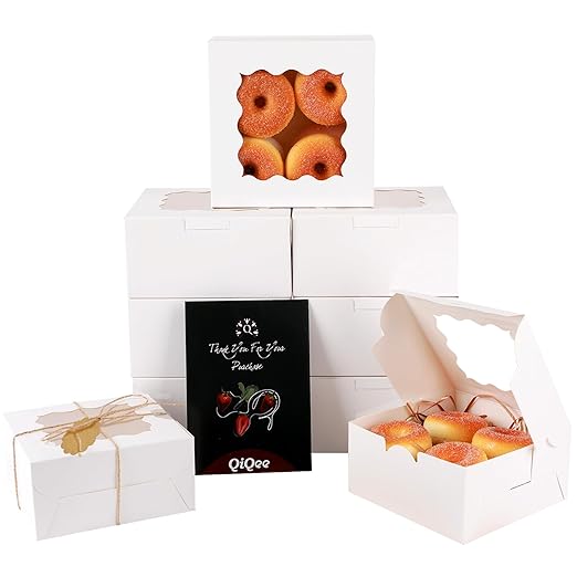 qiqee Bakery Box with Window 60packs 6x6x3 White Cookie Boxes Pastry Box for Wedding Favor Party ＆ Birthday
